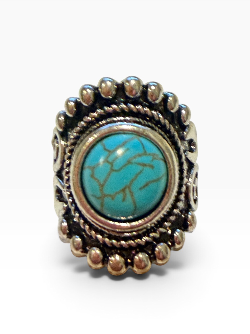 Turquoise Color Stretch Ring Silver Tone Western Boho Southwestern Statement 9 - Picture 5 of 12